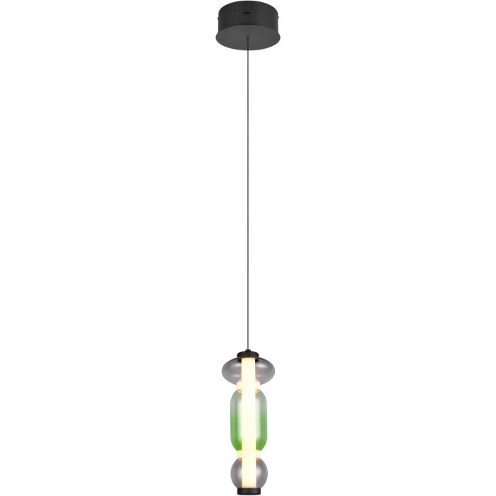 Trio Minerva hanglamp met zwarte plafondplaat en pendel met drie ovale glazen in groen en rookglas boven elkaar met een LED buis in het midden