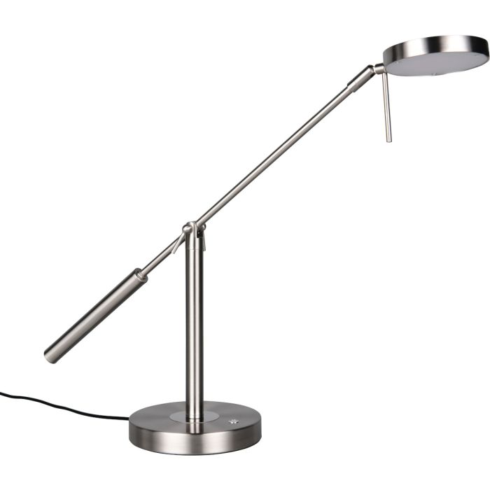Trio Monza staalkleurige bureaulamp met een diepte van 69 cm en een ronde schijfvormige kop met geïntegreerde LED
