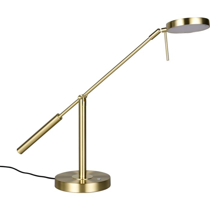 Trio Monza mat messing bureaulamp met een diepte van 69 cm en een ronde schijfvormige kop met geïntegreerde LED