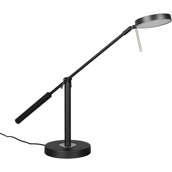Trio Monza mat zwarte bureaulamp met een diepte van 69 cm en een ronde schijfvormige kop met geïntegreerde LED