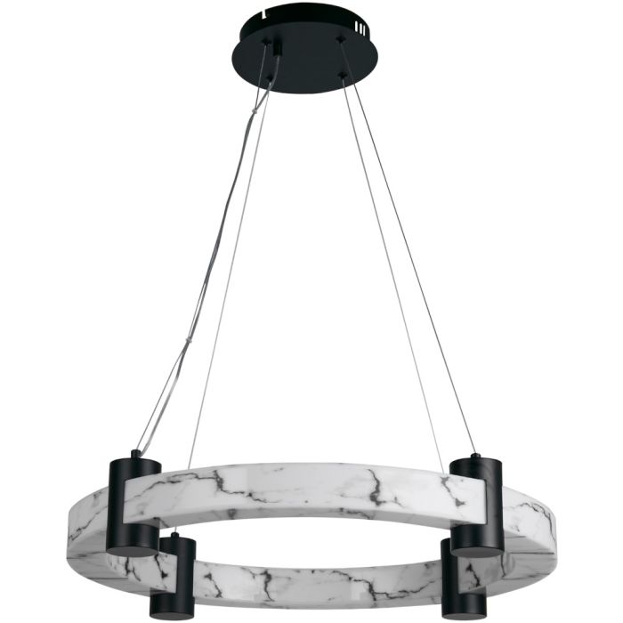 Searchlight Moonbeam 10868-1BK marmerkleurige ringvormige hanglamp met ronde zwarte plafondplaat, hangend aan vier staalkabels
