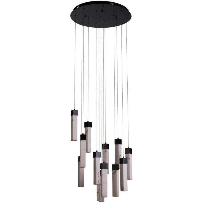 Searchlight Moonbeam 10879-13BK hanglamp met zwarte ronde plafondplaat en dertien pendels met elk een rechthoekig marmerkleurig resin kapje