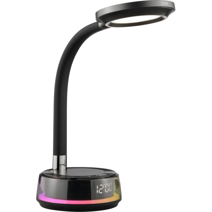 Brilliant Moonglow zwarte bureaulamp van 53 cm hoog met ronde LED unit in de kop en RGB licht en klok in de voet