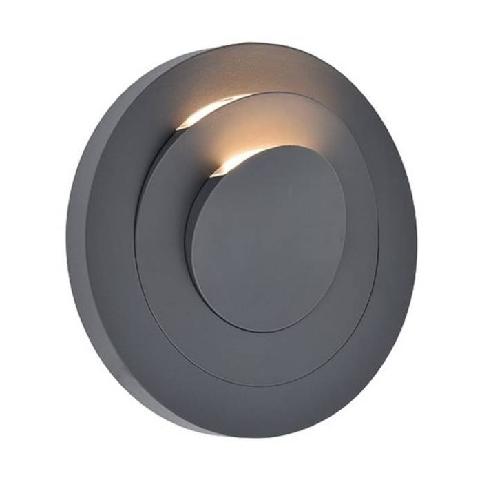 Lutec Moov antraciet grijs schijfvormige wandlamp voor buiten met een diameter van 21,1 cm met lichtbundel naar boven en twee draaibare schijven met richtbare LED bundels