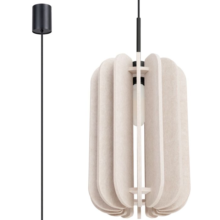 Sollux Mula beige hanglamp met een diameter van 27 cm en voorzien van veertien 42 cm hoge lamellen van vilt.
