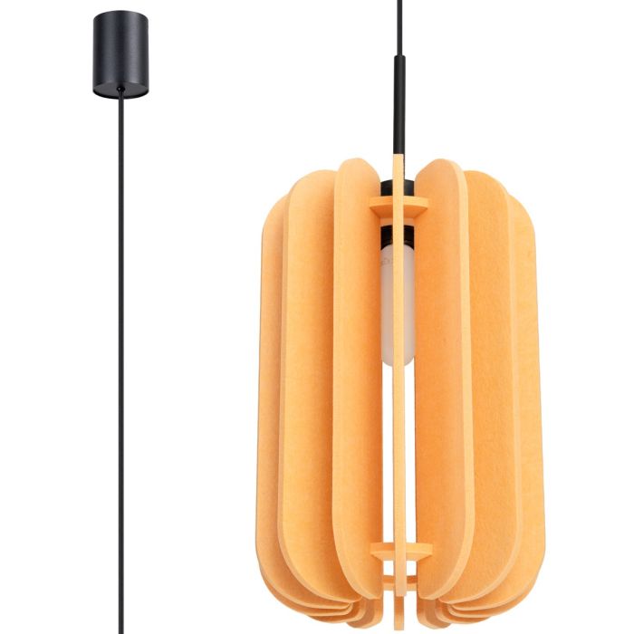 Sollux Mula gele hanglamp met een diameter van 27 cm en voorzien van veertien 42 cm hoge lamellen van vilt