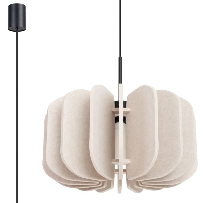 Sollux Mula beige hanglamp met een diameter van 45 cm en voorzien van zestien 25 cm hoge lamellen van vilt