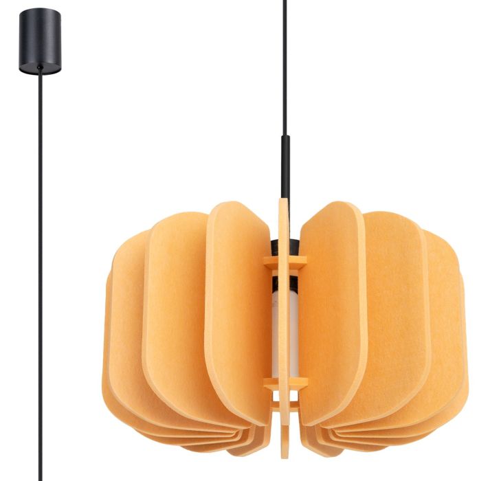 Sollux Mula gele hanglamp met een diameter van 45 cm en voorzien van zestien 25 cm hoge lamellen van vilt