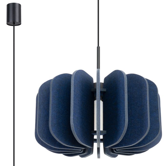Sollux Mula marine blauwe hanglamp met een diameter van 45 cm en voorzien van zestien 25 cm hoge lamellen van vilt