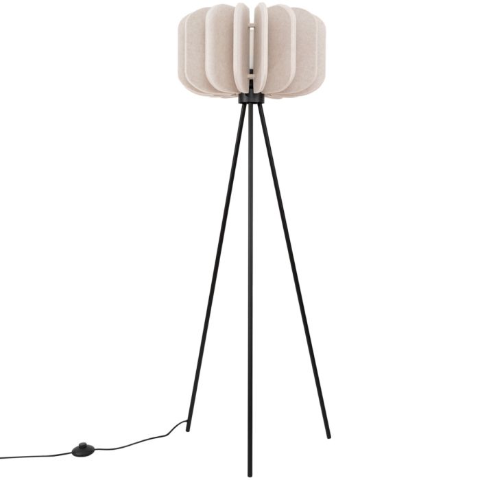 Sollux Mula zwarte tripod van 134 cm hoog met een kap van 45 cm in diameter van zestien beige lamellen van vilt