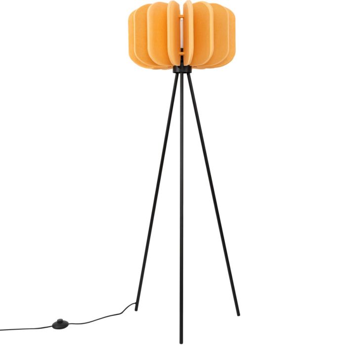 Sollux Mula zwarte tripod van 134 cm hoog met een kap van 45 cm in diameter van zestien gele lamellen van vilt