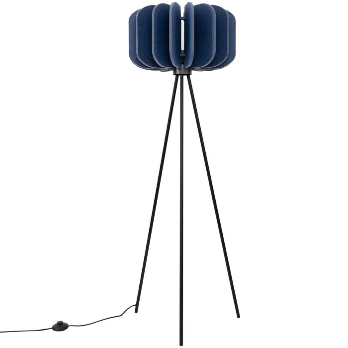 Sollux Mula zwarte tripod van 134 cm hoog met een kap van 45 cm in diameter van zestien marine blauwe lamellen van vilt