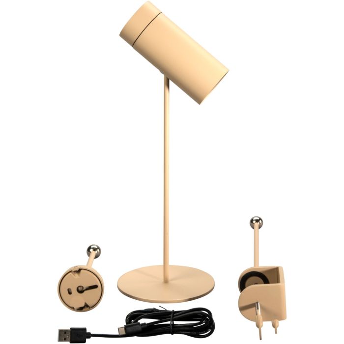 Konstsmide Multi zandkleurige spot met tafellamp voet van 30 cm, tafelklem en wandhouder waarvan de spot oplaadbaar is met de USB kabel