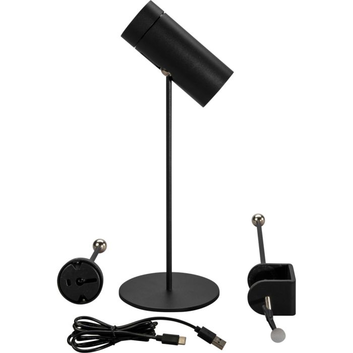 Konstsmide Multi zwarte spot met tafellamp voet van 30 cm, tafelklem en wandhouder waarvan de spot oplaadbaar is met de USB kabel