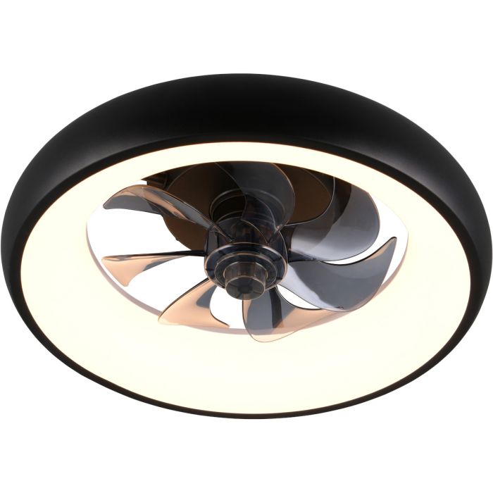 Reality Muonio zwarte plafondventilator met LED in een rand van 40 cm rond een zwart transparant kunststof zeven armige ventilator