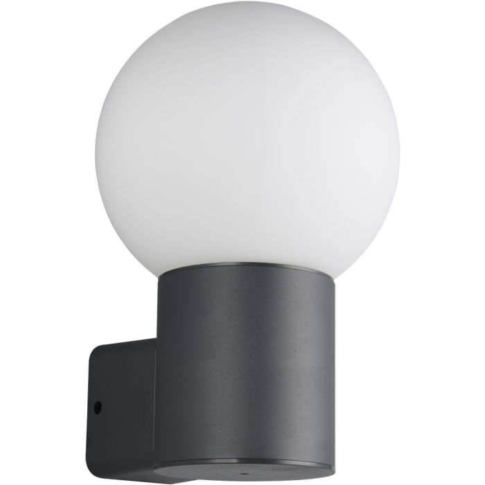 Trio Mures antraciet grijze wandlamp voor buiten met wit glazen bol als kap met een diameter van 18cm