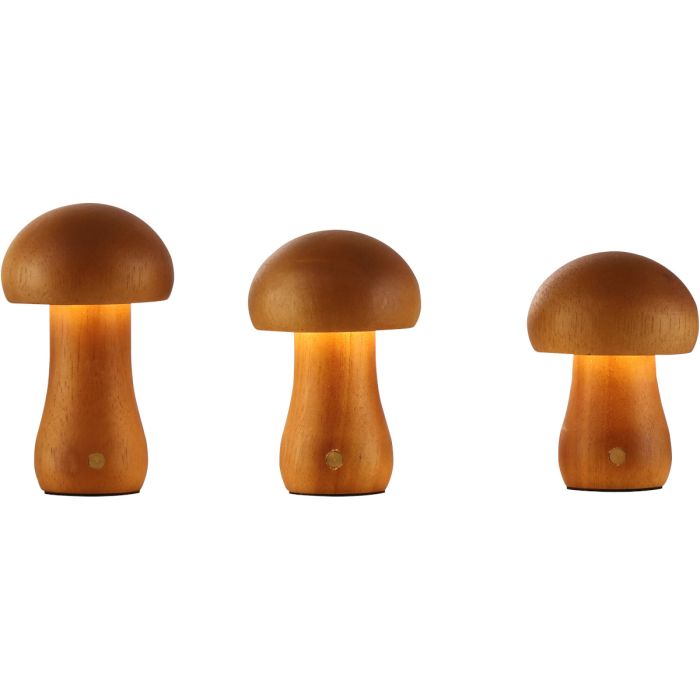 Searchlight Mushroom 34125NA set van drie oplaadbare tafellampen van hout in de vorm van een paddenstoel met een touchdimmer