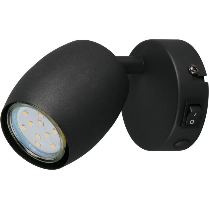 Reality Nancy zwart wandspotje van 9,5 cm hoog met GU10 lamp, kiepschakelaar en mogelijkheid voor kabeldoorvoer