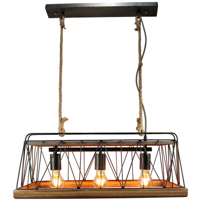 Brilliant Narcy 93587/71 Hanglamp van hout en rek van burned steel hangend aan scheepstouw aan een langwerpige plafondplaat van burned steel