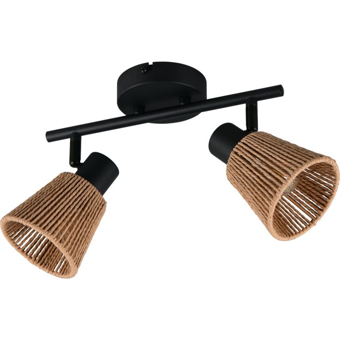 Casalum Natrel zwarte plafondspot van 40,5 cm lang met twee spotjes aan een buis met kapjes van papiergaren met E14 kogellampje