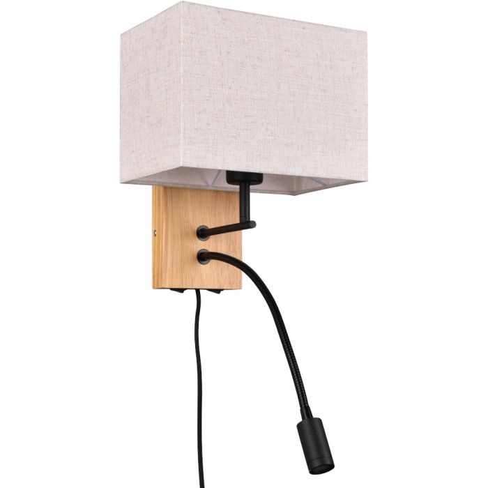 Trio Nilam 212870236 landelijke wandlamp met houten wandplaat, rechthoekige creme kap en zwarte leeslamp