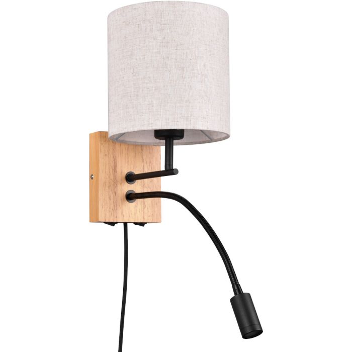 Trio Nilam 212879236 landelijke wandlamp met houten wandplaat, cilindervormige creme kap en zwarte leeslamp
