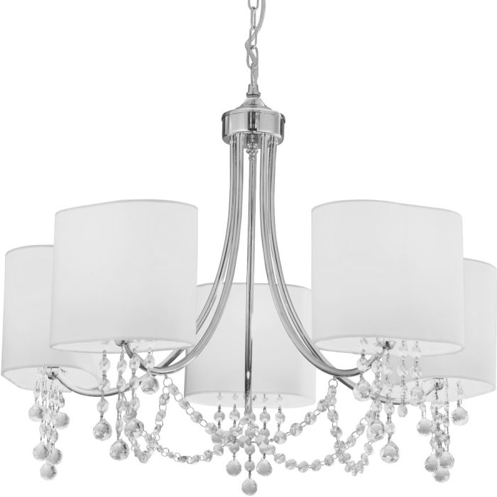 Searchlight Nina 1055-5cc chromen kroonluchter met vijf ovale kapjes van wit textiel en kettingen met kristallen onder de kapjes