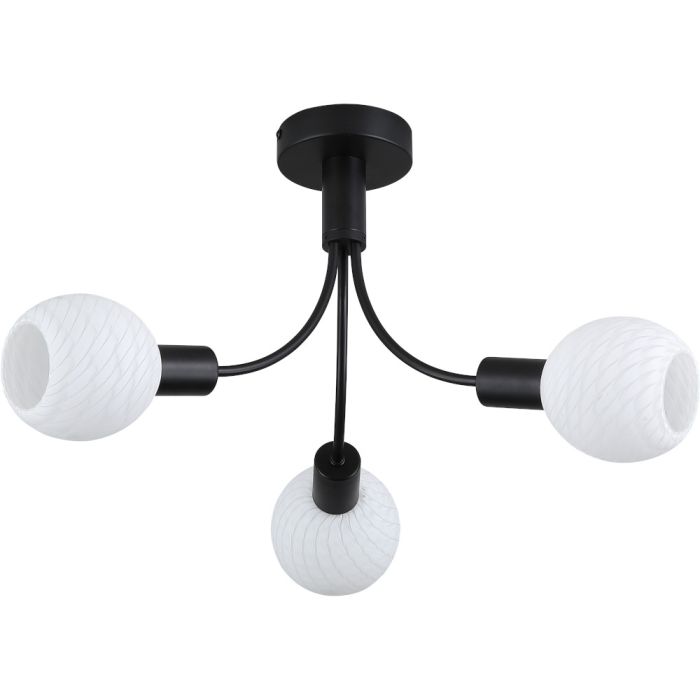 Searchlight Nova 54713-3BK zwarte plafondlamp met drie armen met elk een opaal wit glazen bolletje met strepen