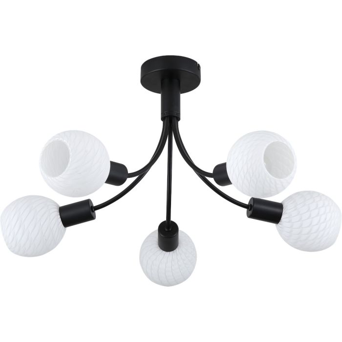 Searchlight Nova 54715-5BK zwarte plafondlamp met vijf armen met elk een opaal wit glazen bolletje met strepen