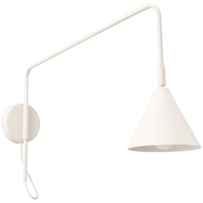 beige metalen wandlamp met een zwenkarm met een uitval van 61 cm en kantelbare kop