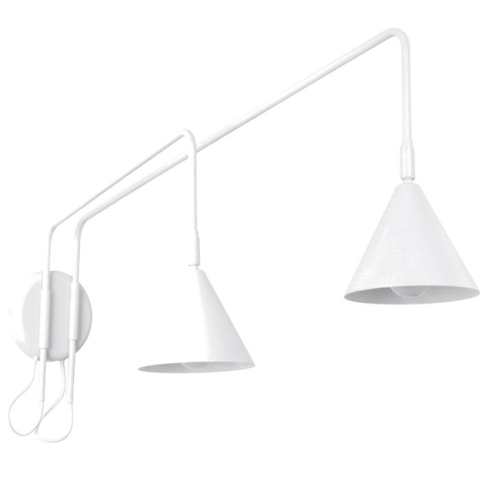 wit metalen wandlamp met twee zwenkarmen van respectievelijk 61 en 80 cm met beide en kantelbaar metalen kapje