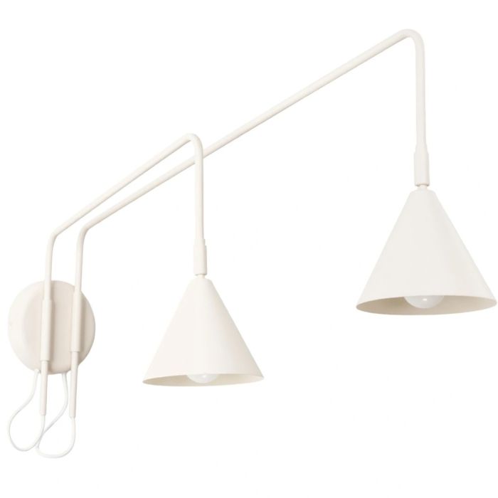 beige metalen wandlamp met twee zwenkarmen van respectievelijk 61 en 80 cm met beide en kantelbaar metalen kapje