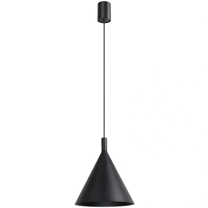 zwart metalen kegelvormige hanglamp met een diameter van 25cm