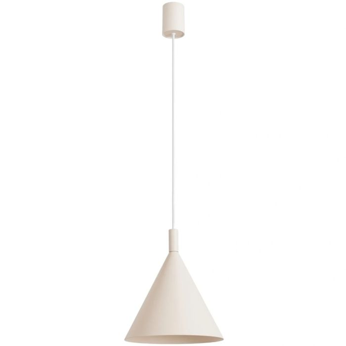 beige metalen kegelvormige hanglamp met een diameter van 25cm