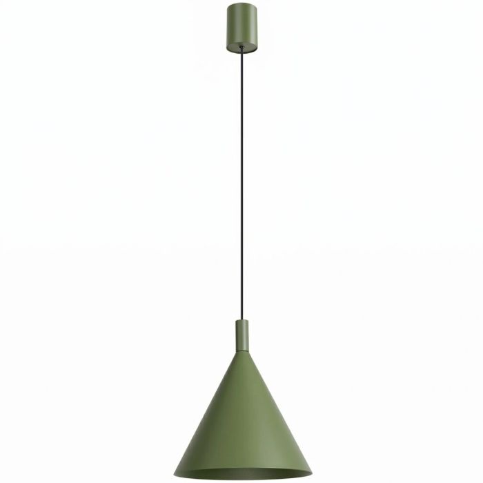 olijfgroen metalen kegelvormige hanglamp met een diameter van 25 cm