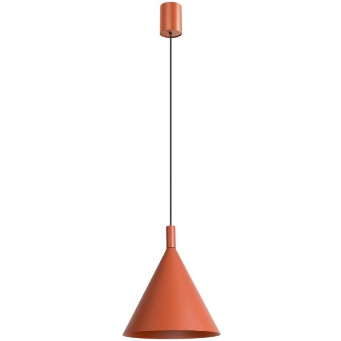 okerrood metalen kegelvormige hanglamp met een diameter van 25 cm