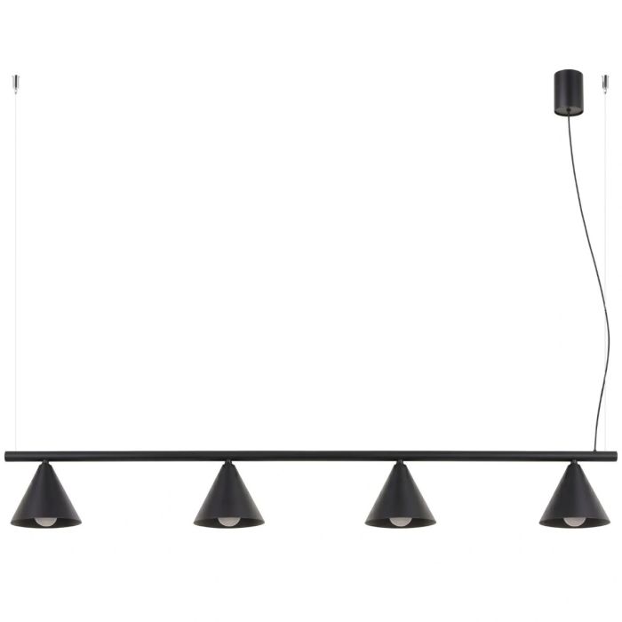 zwart metalen langwerpige hanglamp met vier kegelvormige kapjes aan een stang
