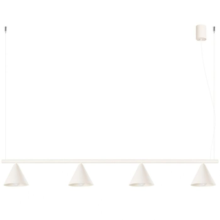 beige langwerpige metalen hanglamp van 122 cm lang met vier kegelvormige kapjes aan een stang