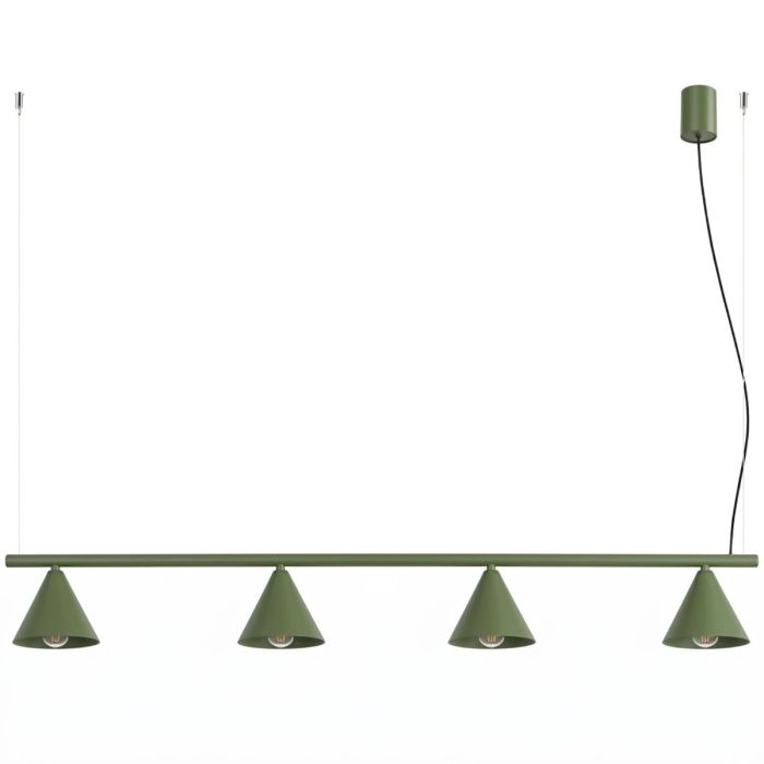 olijfgroen langwerpige metalen hanglamp van 122 cm lang met vier kegelvormige kapjes aan een stang
