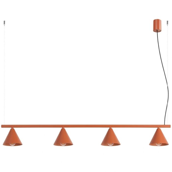 okerrood langwerpige metalen hanglamp van 122 cm lang met vier kegelvormige kapjes aan een stang