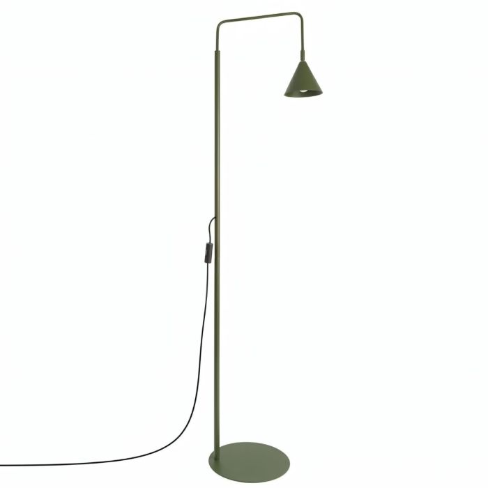 olijfgroen metalen leeslamp van 165 cm hoog met een draaibaar en kantelbaar metalen kegelvormig kapje