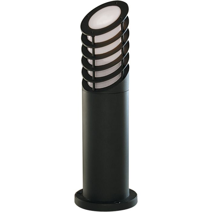 Searchlight Odessa 1086-450 zwarte sokkellamp met wit glazen kap met lamellen rondom de kap en schuin aflopende bovenzijde