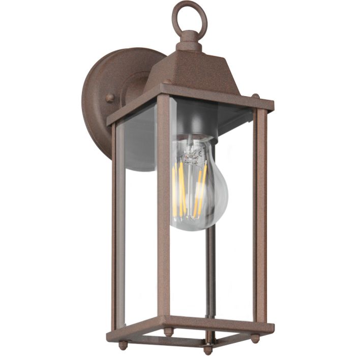 Trio Olona 201960124 roestkleurige wandlamp voor buiten met handende rechthoekige lantaarn met vier helder glazen ruitjes
