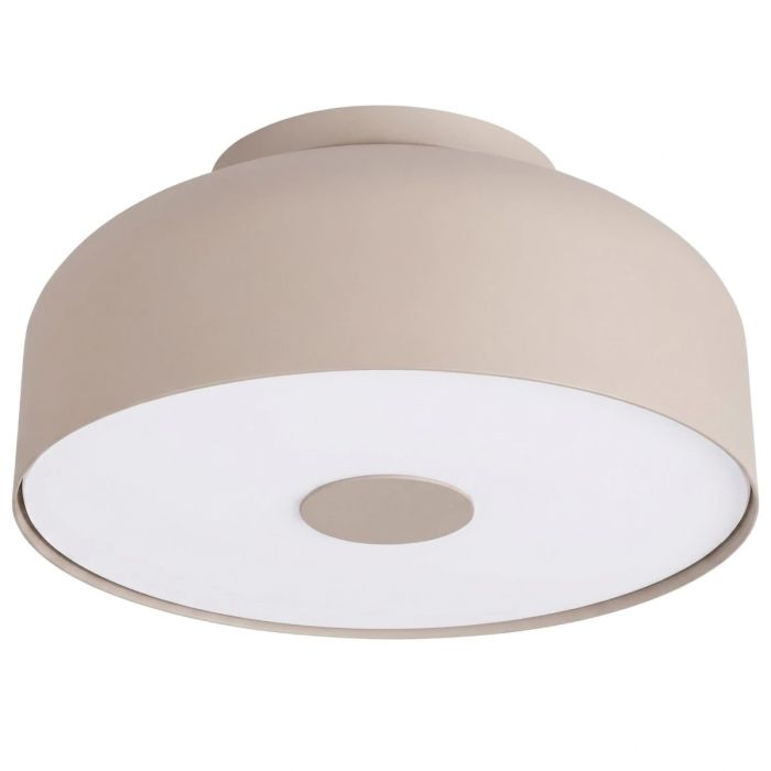 taupe kleurige metalen plafonnière van 30 cm in diameter met wit kunststof blender