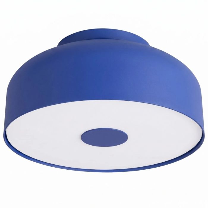ultramarijn blauw metalen plafonnière van 30 cm in diameter met wit kunststof blender