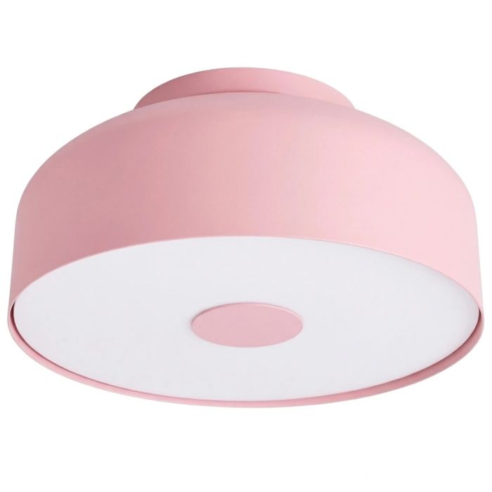 roze metalen plafonnière van 30 cm in diameter met wit kunststof blender