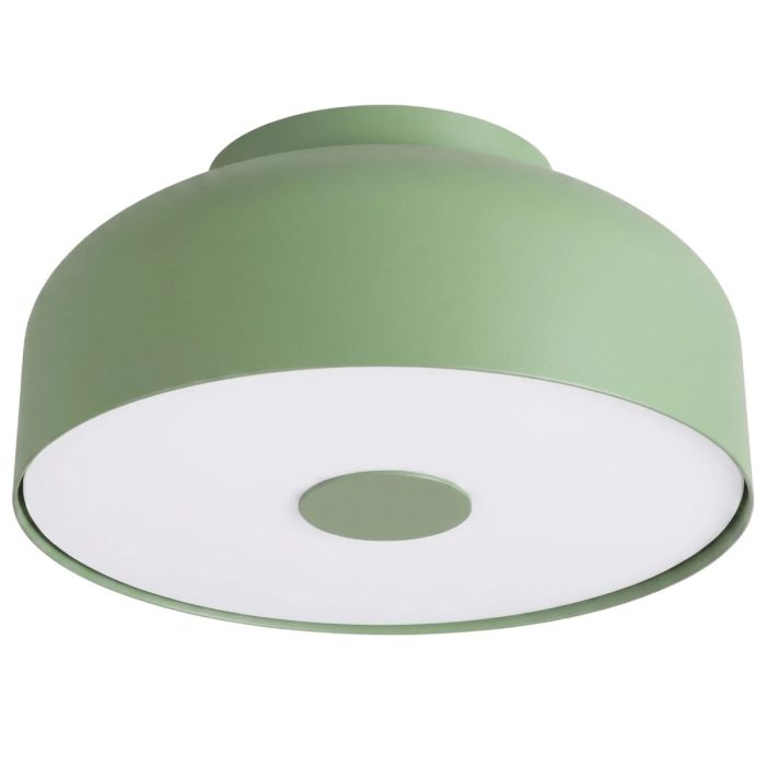 saliegroen metalen plafonnière van 30 cm in diameter met wit kunststof blender