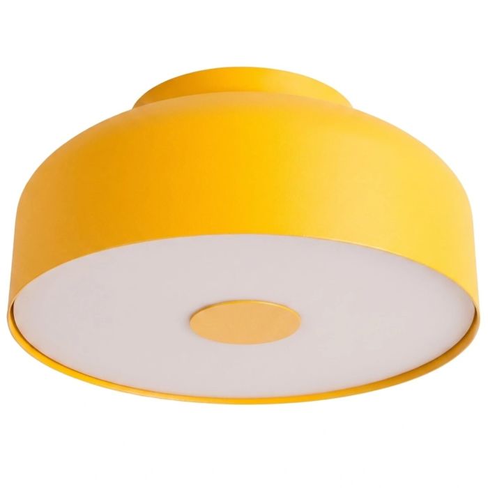 geel metalen plafonnière van 30 cm in diameter met wit kunststof blender