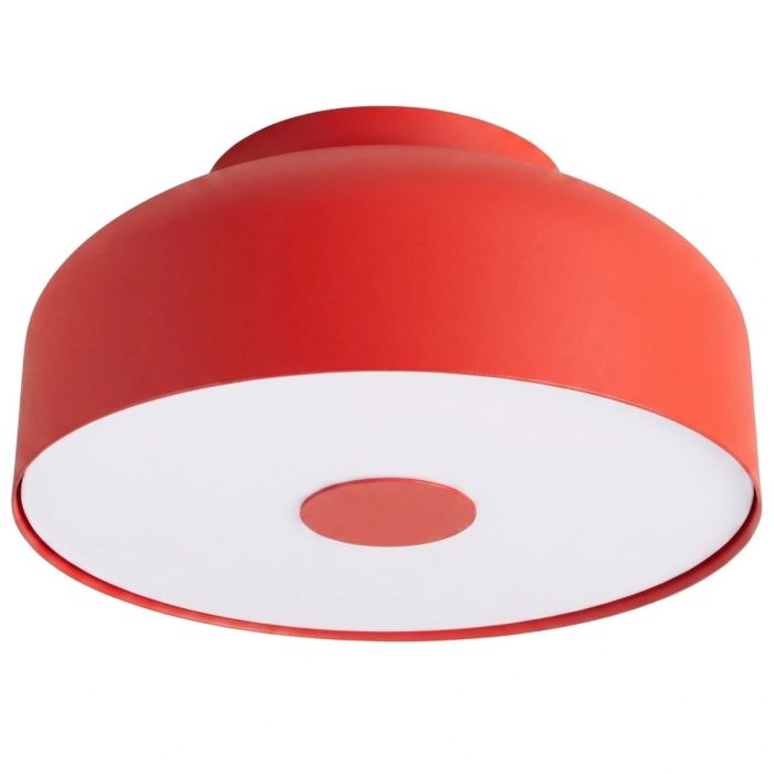 rood metalen plafonnière van 30 cm in diameter met wit kunststof blender
