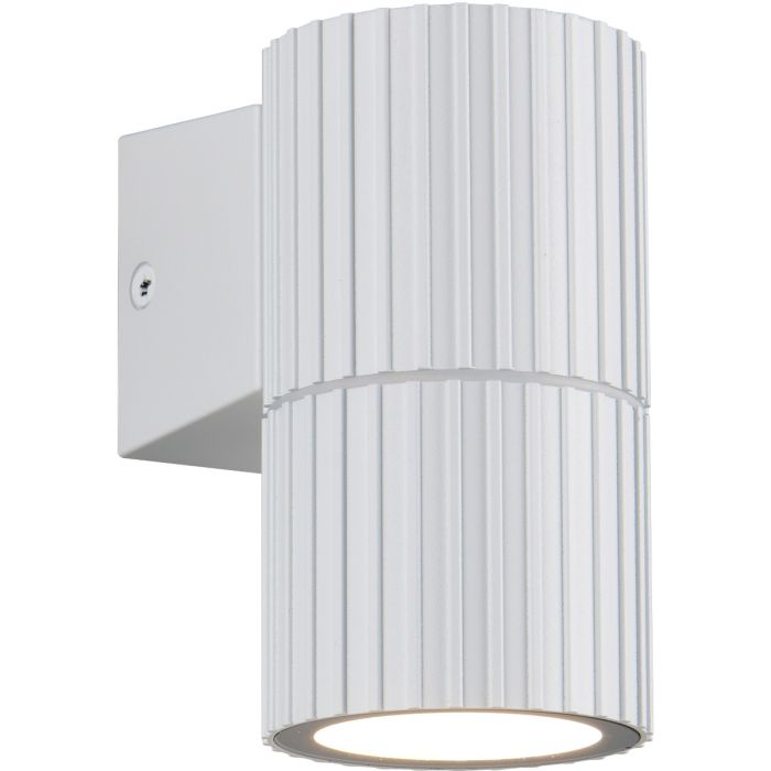 Trio Parana wit geribbelde cilindervormige wandlamp voor buiten van 11 cm hoog met GU10 spot naar beneden gericht